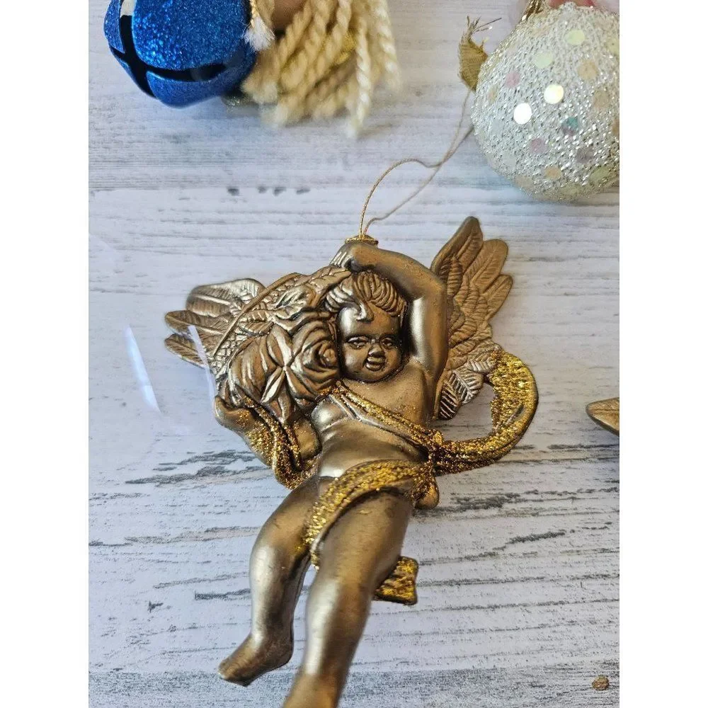 Cherub angel gold‎ ornament set Xmas tree porcelain